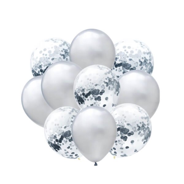 10-Pieces Latex & Confetti Balloons Set – Silver and white